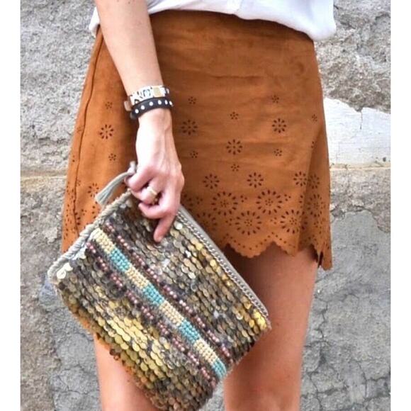 Zara Dresses & Skirts - Zara Rust Brown Faux Suede Laser Cut Scalloped Hem Skirt L